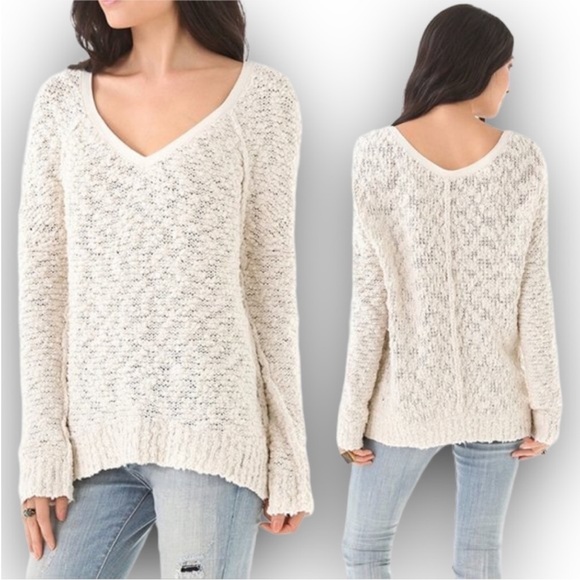 Free People V Neck Songbird Textural Boucle Sweater. Cream. Off White. Size S - Picture 3 of 8